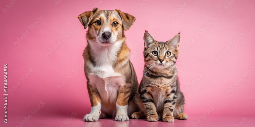 Description Dog and cat sitting together on a pink background, looking at the camera, showcasing their friendship Description Dog and cat sitting together on a pink background, looking at the camera, showcasing their friendship