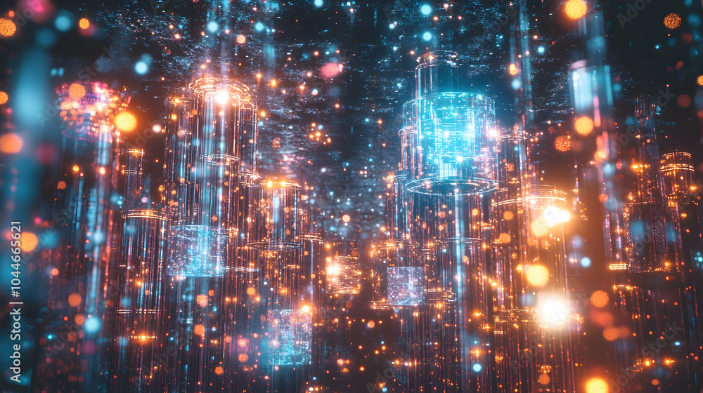 Abstract digital data stream with glowing cubes and particles. Abstract digital data stream with glowing cubes and particles.