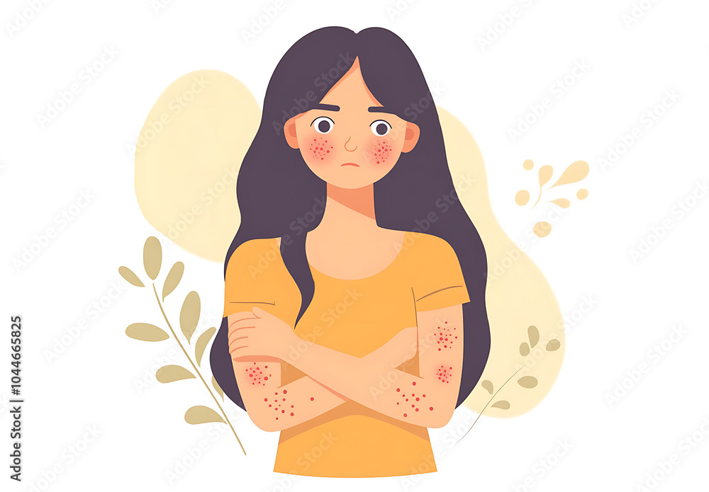 Illustration of a woman with red spots and rashes on her skin, irritation or infection. Her facial expression reflects discomfort, emphasising a medical condition - an allergy or skin disease Illustration of a woman with red spots and rashes on her skin, irritation or infection. Her facial expression reflects discomfort, emphasising a medical condition - an allergy or skin disease