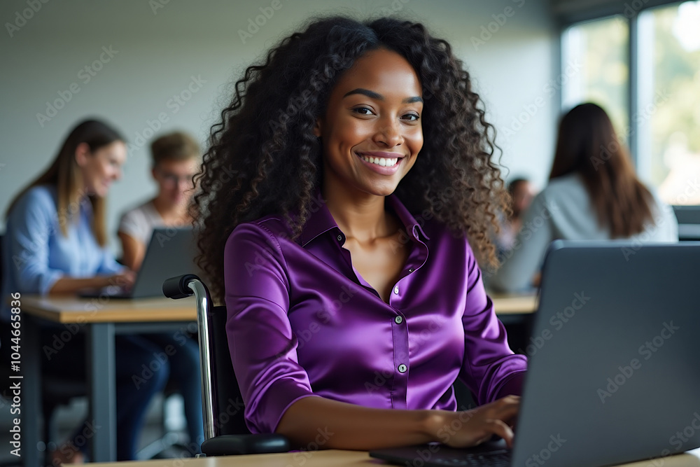a young African American woman with long curly hair in a purple silk blouse in a wheelchair works on a laptop against the background of colleagues a young African American woman with long curly hair in a purple silk blouse in a wheelchair works on a laptop against the background of colleagues