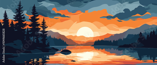 Stunning sunset landscape illustration in warm hues, perfect for nature-themed wall art