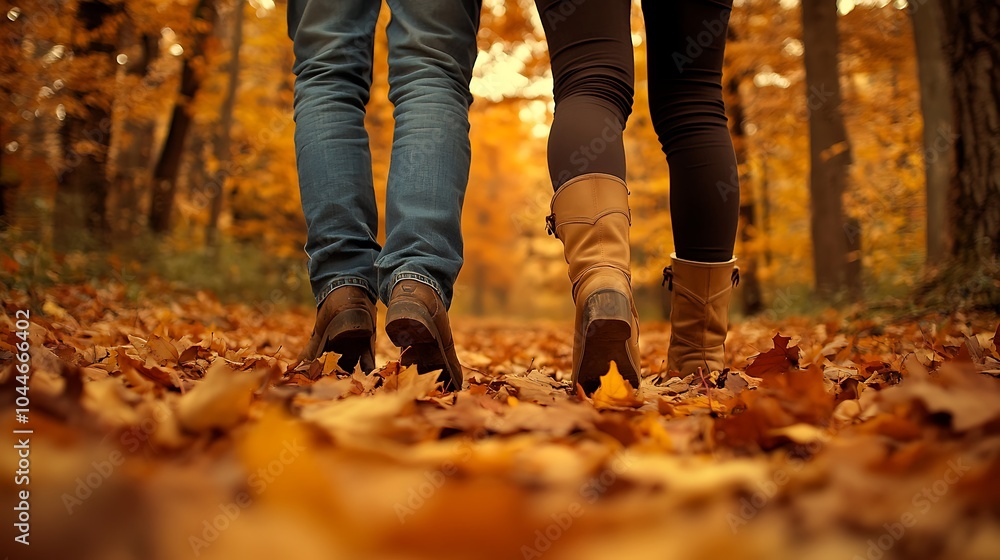 Two people walking in autumn forest, yellow, orange and brown leaves of fall on the ground with legs view Two people walking in autumn forest, yellow, orange and brown leaves of fall on the ground with legs view