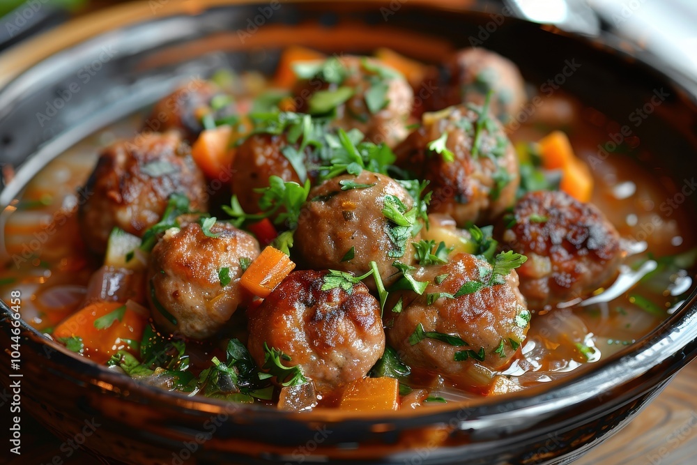A dish of albondigas, Mexican meatballs served in a savory tomato-based broth with vegetables, garnished with fresh herbs A dish of albondigas, Mexican meatballs served in a savory tomato-based broth with vegetables, garnished with fresh herbs