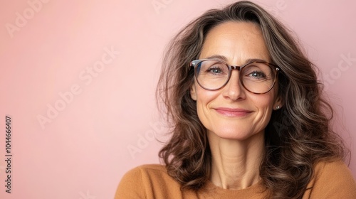 Smiling middle aged woman wearing glasses against a pink backdrop