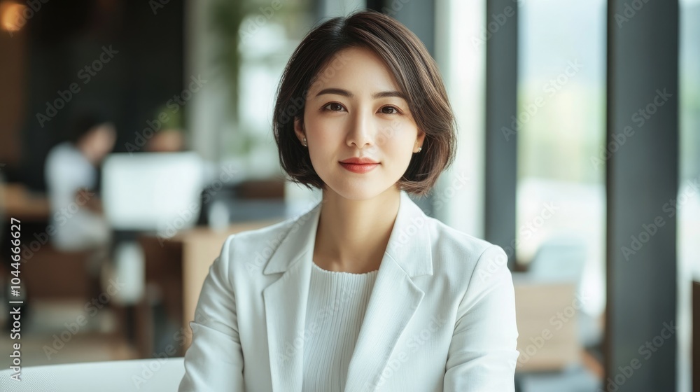 Professional Asian woman wearing a white suit with short hair seated in an office environment Professional Asian woman wearing a white suit with short hair seated in an office environment