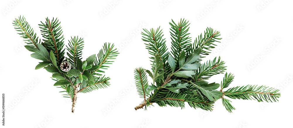 Naklejka premium Twigs of green fir tree branches isolated on white