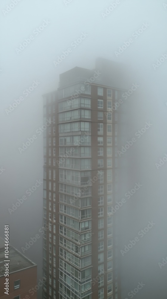 The towering structure emerges faintly from the dense fog, giving the scene an ethereal quality as the daylight begins to reveal the cityscape The towering structure emerges faintly from the dense fog, giving the scene an ethereal quality as the daylight begins to reveal the cityscape