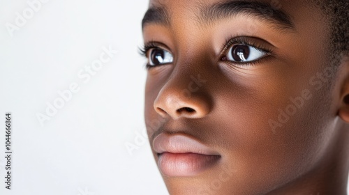 Close up portrait of a beautiful young African American teenage boy gazing forward Ideal for child related advertising with ample copy space Isolated on a white background