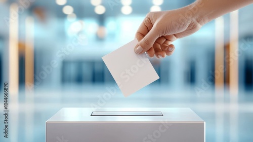 Hand dropping a ballot into a voting box, VOTE HERE sign visible, blurred school in background, focused on the act of civic duty photo