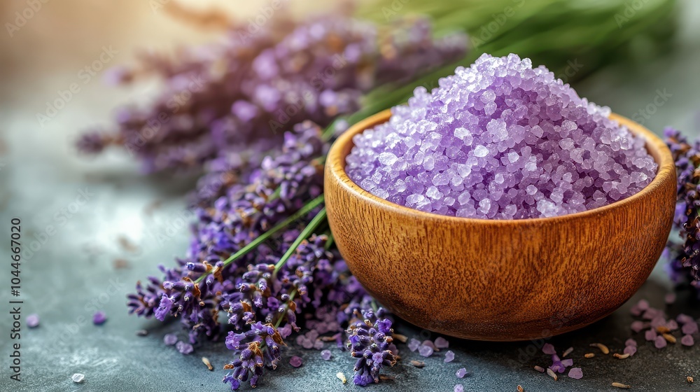 Aromatic Lavender Bath Salts in Wooden Bowl with Fresh Lavender Flowers on Rustic Table Aromatic Lavender Bath Salts in Wooden Bowl with Fresh Lavender Flowers on Rustic Table