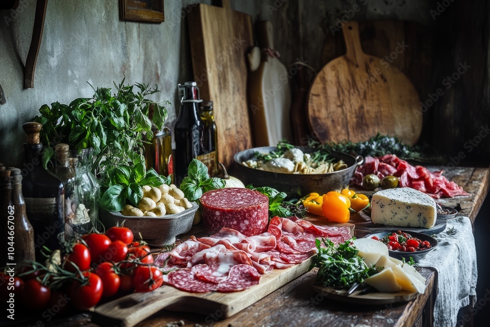 A vibrant and rustic kitchen setting featuring an array of fresh meats, vegetables, and cheese. Perfect for food lovers and culinary enthusiasts. Generative AI A vibrant and rustic kitchen setting featuring an array of fresh meats, vegetables, and cheese. Perfect for food lovers and culinary enthusiasts. Generative AI