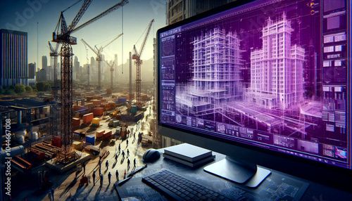 Computer zeigt eine Baustelle. Beaufsichtigen der Bautätigkeit aus der Ferne dank moderner Technik.