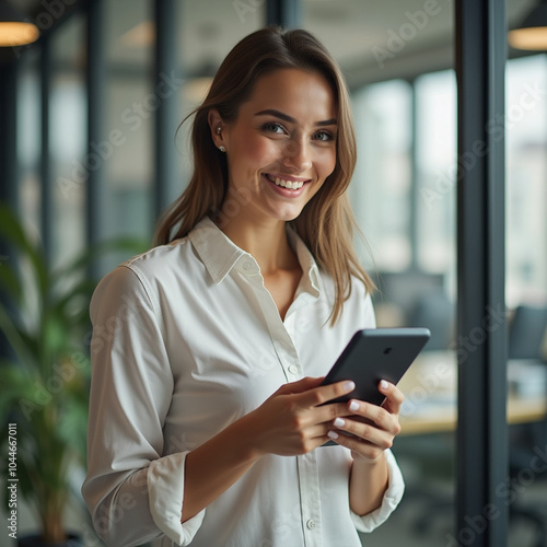 A woman stands confidently in a modern office, smiling as she uses her smartphone during work hours in a bright environment