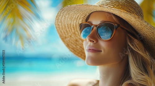 Woman in a straw hat and sunglasses enjoying a day of relaxation on a tropical beach