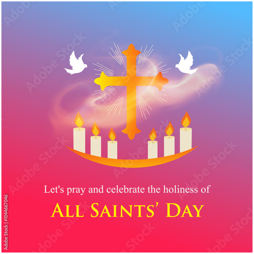 All Saints Day Celebrations, November 1st. Social Media Post, Postcard Template Design.  Holy spirit, Dove, Candle