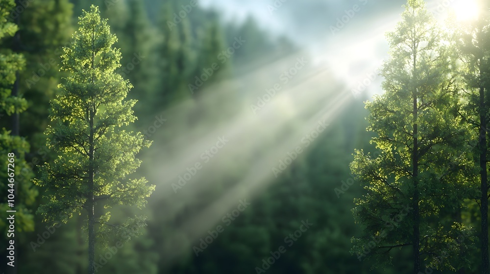 Obraz premium A serene and picturesque forest landscape bathed in the soft ethereal glow of morning sunlight with delicate beams piercing through the misty verdant foliage