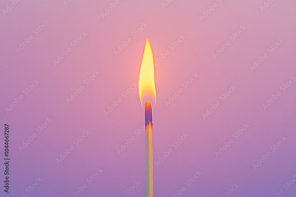 A single burning match on pink and purple hued background, flame and fire, small blaze of light A single burning match on pink and purple hued background, flame and fire, small blaze of light