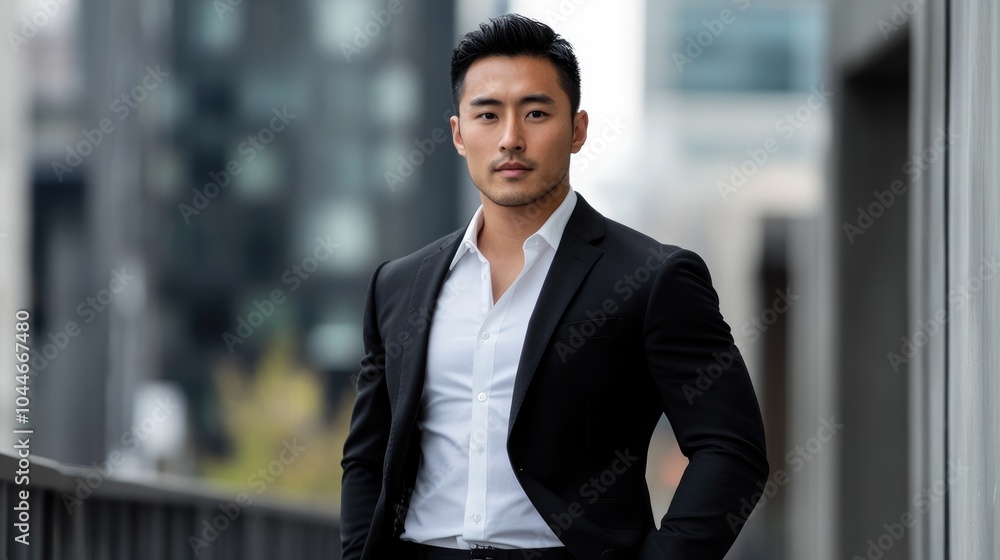 Confident young Asian businessman in a modern black suit posing for the camera against an urban backdrop representing leadership success and entrepreneurship Confident young Asian businessman in a modern black suit posing for the camera against an urban backdrop representing leadership success and entrepreneurship