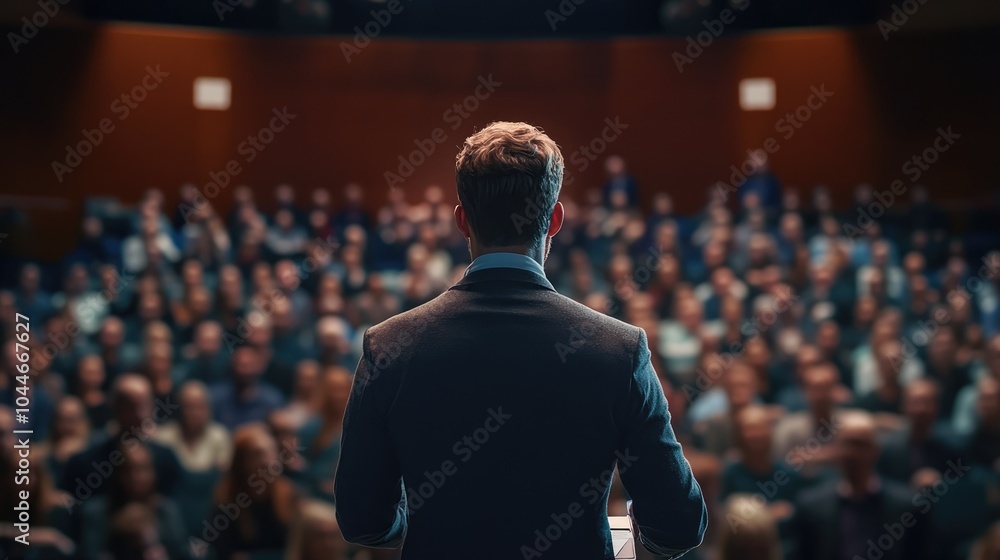 Presenter addressing a large audience in a conference setting Presenter addressing a large audience in a conference setting