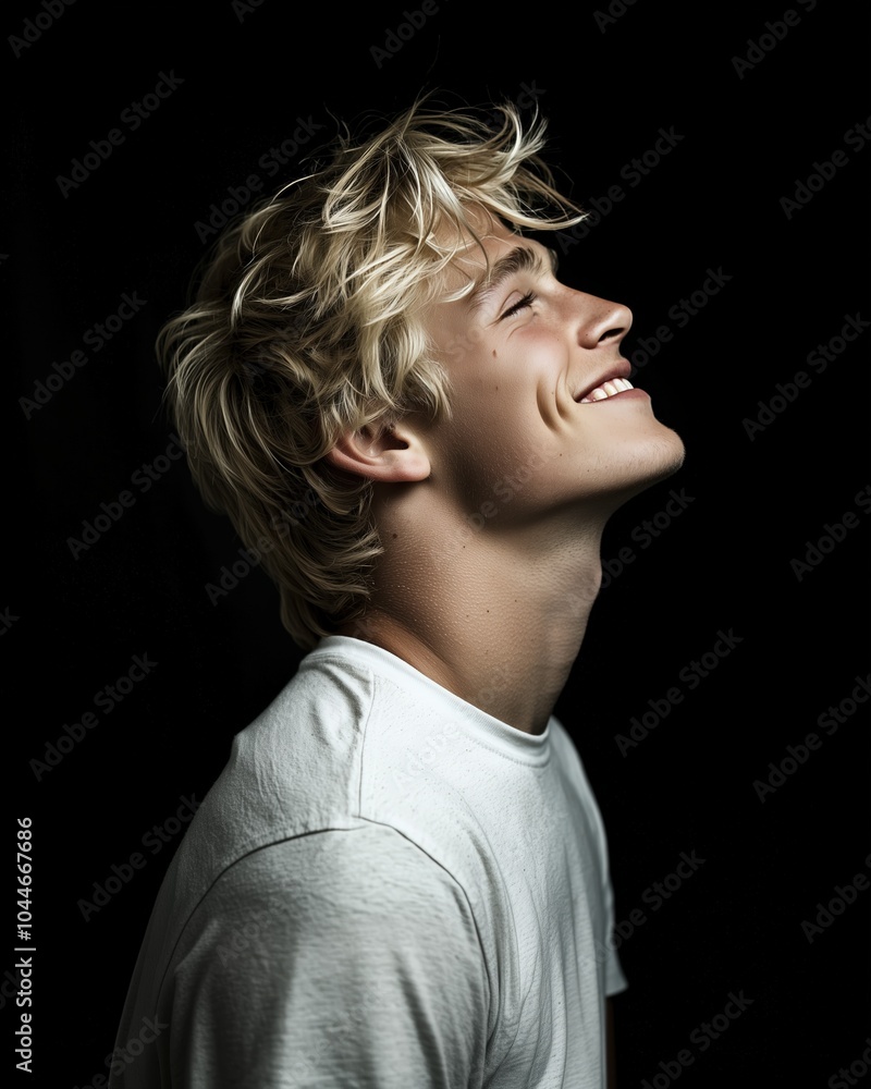 Blond Man Looking Up with a Smile in a White T-Shirt. Generative AI. Blond Man Looking Up with a Smile in a White T-Shirt. Generative AI.