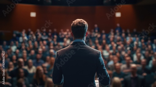 Presenter addressing a large audience in a conference setting