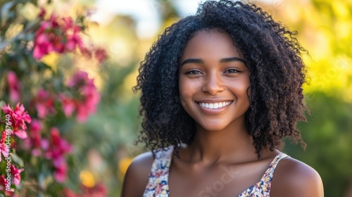 Joyful young African American woman smiling in an outdoor setting