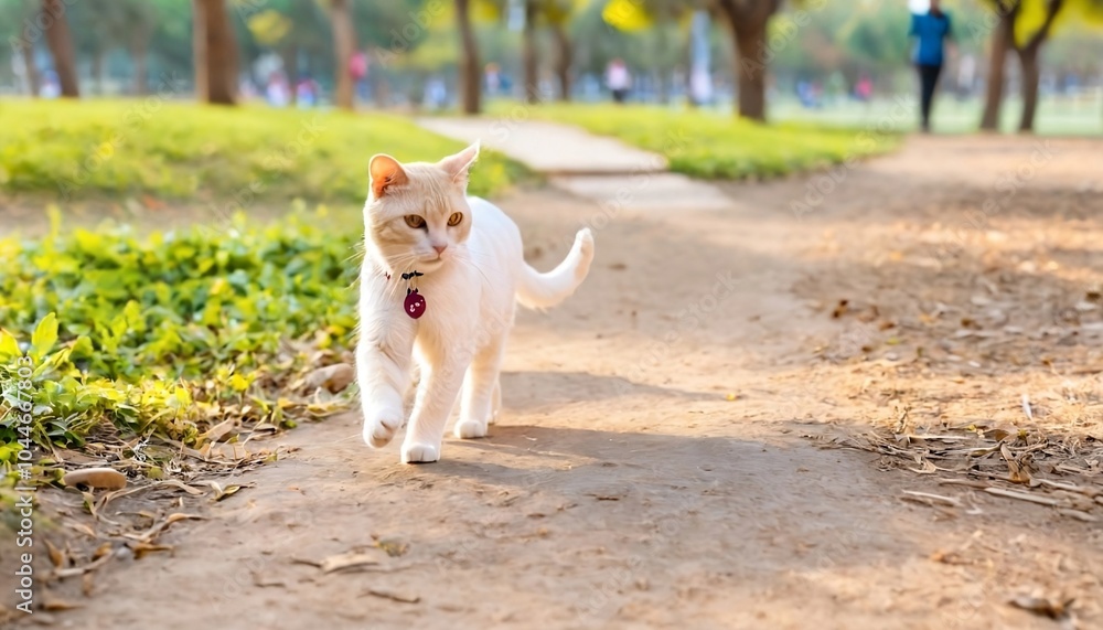 Fototapeta premium white cat walking in the park