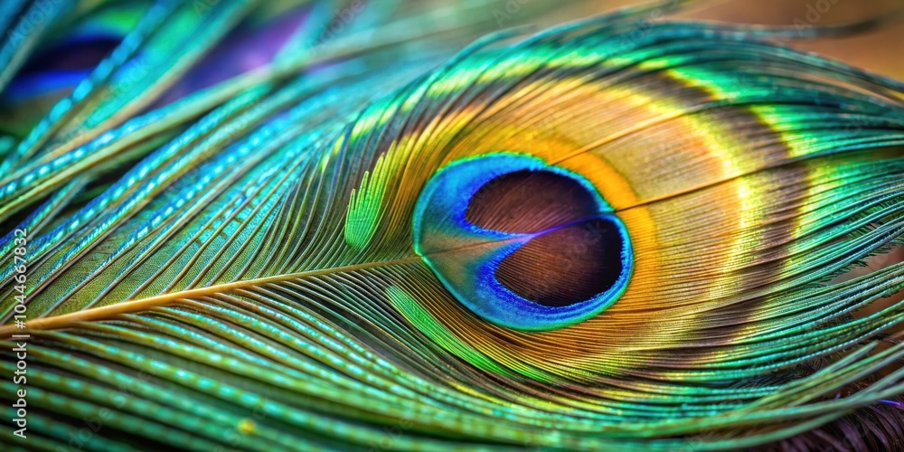 Fototapeta premium Closeup detailed view of a peacock feather with selective focus, peacock, feather, closeup, detail, nature, colorful, vibrant
