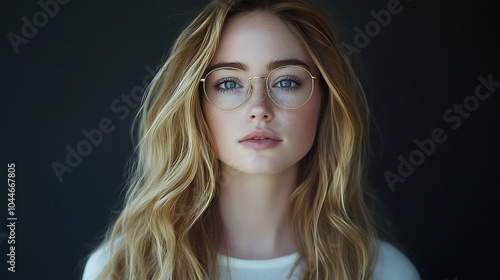 Blonde beautiful woman in glasses looking to camera with colored eyes, dark black background image