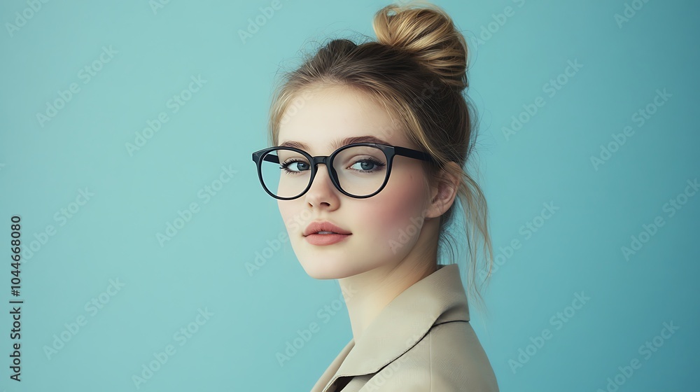 Woman in suit and glasses with light blue background, beautiful young girl with cute face Woman in suit and glasses with light blue background, beautiful young girl with cute face