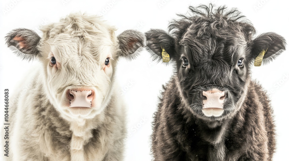 White and Black Calves Gazing Curiously Against a Bright Backdrop Generative AI White and Black Calves Gazing Curiously Against a Bright Backdrop Generative AI