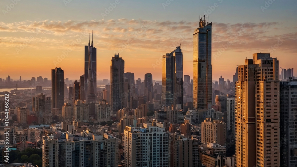 Naklejka premium Sunset and skyscraper cityscape