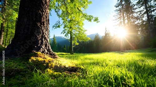 Serene forest landscape with warm gentle morning light filtering through the tall trees casting soft dappled shadows on the forest floor  A tranquil peaceful and natural scene photo