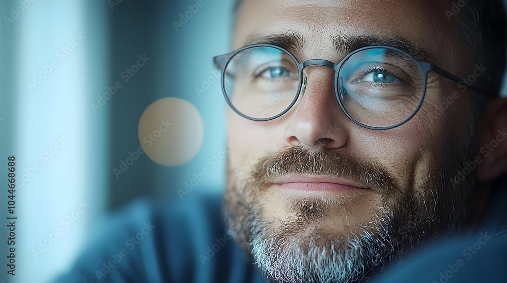 A cheerful bespectacled man basking in the soft warm glow of sunlight streaming through the window creating a serene and reflective indoor scene A cheerful bespectacled man basking in the soft warm glow of sunlight streaming through the window creating a serene and reflective indoor scene