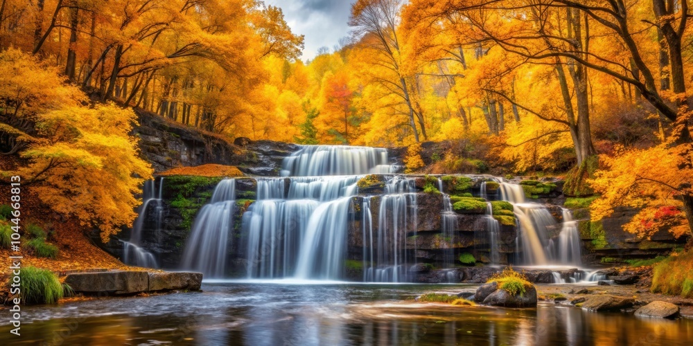 Autumn landscape with vibrant yellow trees surrounding a cascading waterfall, autumn, landscape, yellow, trees, waterfall, nature Autumn landscape with vibrant yellow trees surrounding a cascading waterfall, autumn, landscape, yellow, trees, waterfall, nature