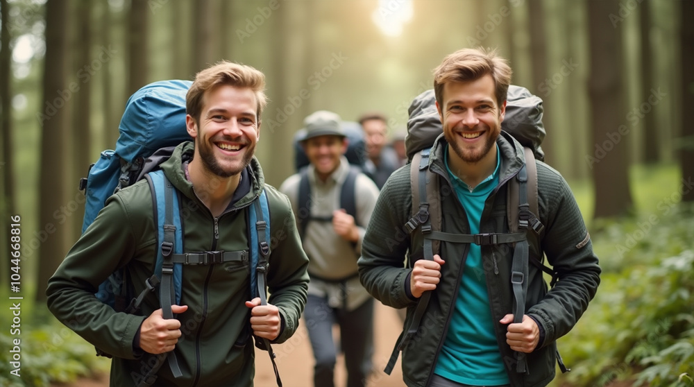 Fototapeta premium Hikers enjoying a sunny day in a forested area, capturing moments of joy and adventure in nature's tranquility during their trek