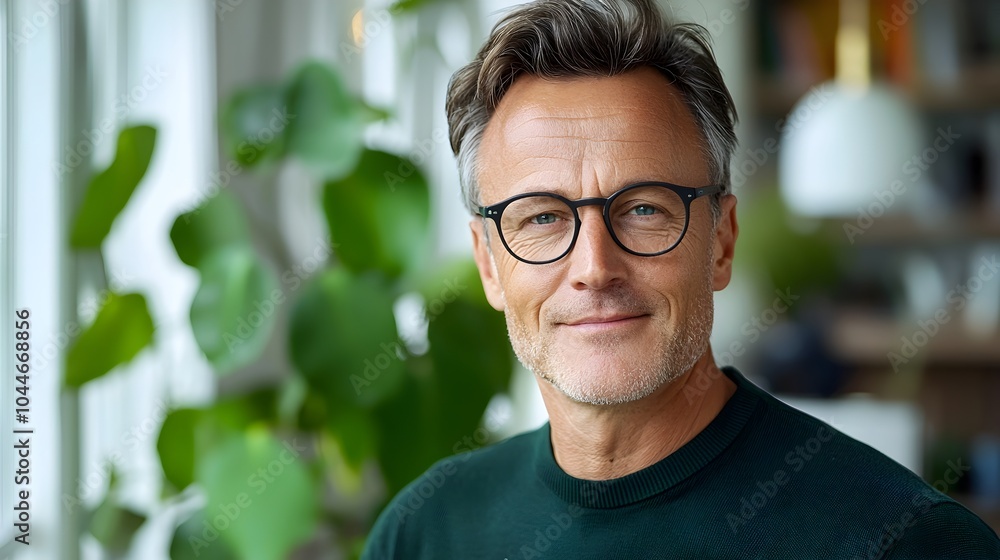 A relaxed man in glasses stands peacefully by the window his face aglow with the warm indoor sunlight as he gazes out with a content thoughtful expression A relaxed man in glasses stands peacefully by the window his face aglow with the warm indoor sunlight as he gazes out with a content thoughtful expression