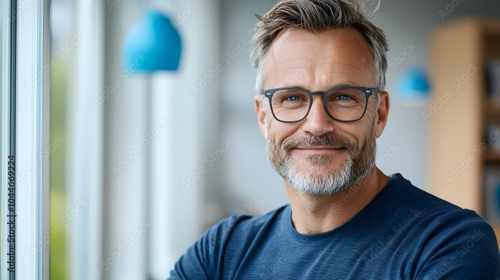Content middle aged man in glasses standing by the window his face softly illuminated by the warm indoor sunlight expression reflecting a sense of calm and satisfaction Content middle aged man in glasses standing by the window his face softly illuminated by the warm indoor sunlight expression reflecting a sense of calm and satisfaction