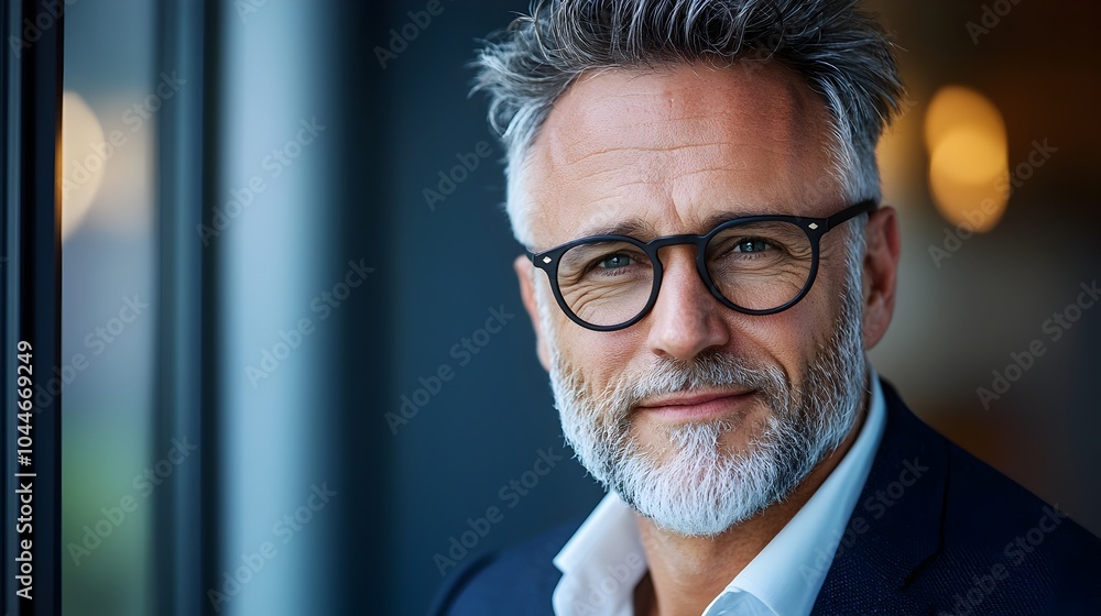 A content man wearing glasses standing by a window softly illuminated by the indoor sunlight as he smiles with a peaceful thoughtful expression A content man wearing glasses standing by a window softly illuminated by the indoor sunlight as he smiles with a peaceful thoughtful expression