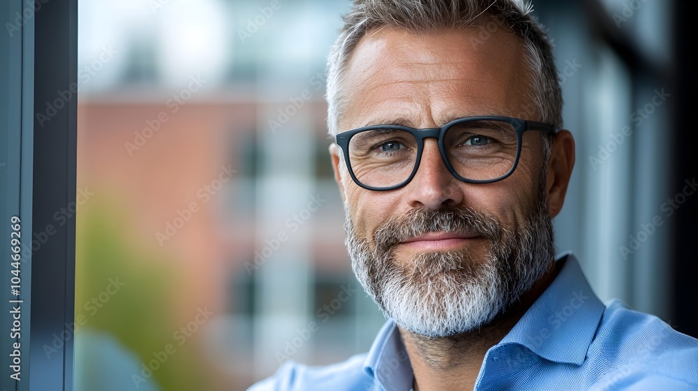 Portrait of a content middle aged Caucasian man in glasses standing by the window softly illuminated by the indoor sunlight and smiling peacefully Portrait of a content middle aged Caucasian man in glasses standing by the window softly illuminated by the indoor sunlight and smiling peacefully