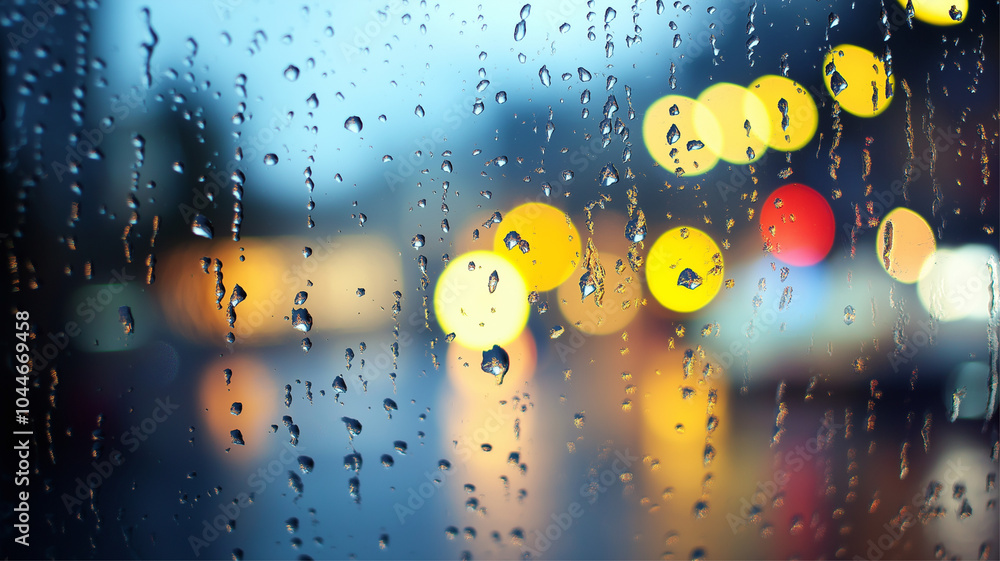 Raindrops on a window with blurred city lights behind. Raindrops on a window with blurred city lights behind.