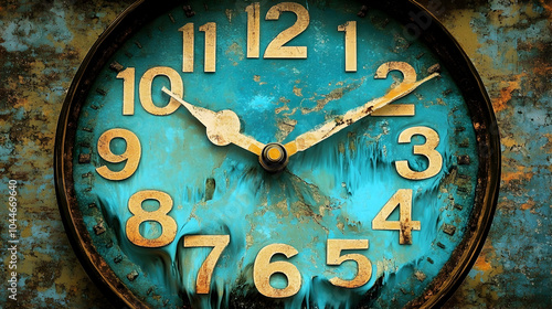 Close-up of an antique clock face with peeling paint.
