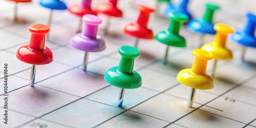 Colorful thumb tack pins on calendar as reminder , organization, planning, scheduling, office supplies, colorful, vibrant Colorful thumb tack pins on calendar as reminder , organization, planning, scheduling, office supplies, colorful, vibrant