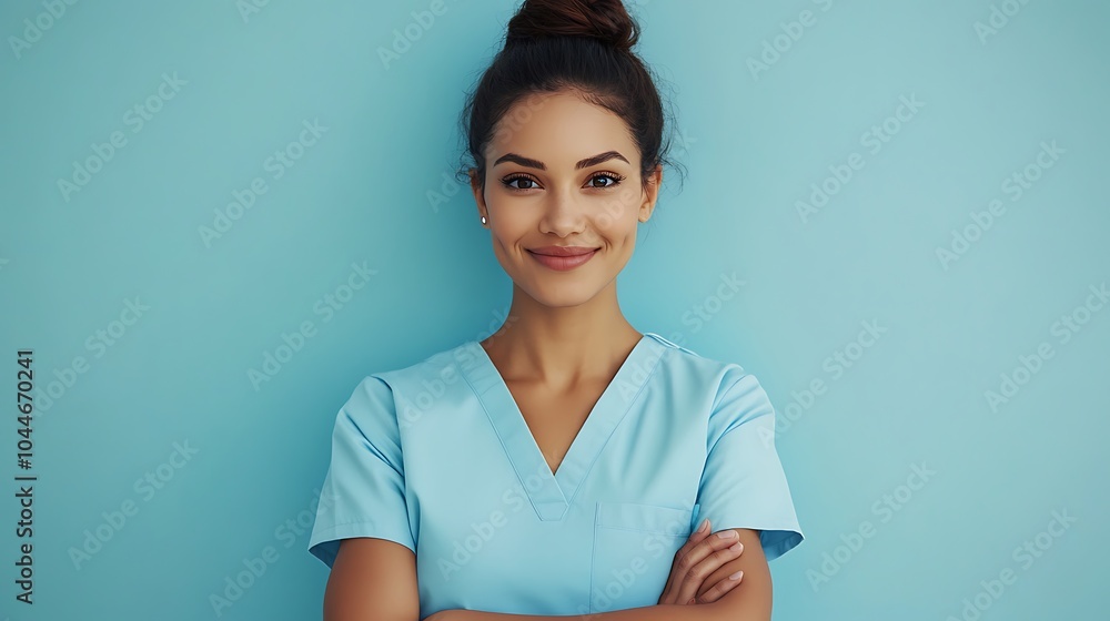 Young female nurse in blue uniform, healthcare team member with blue background Young female nurse in blue uniform, healthcare team member with blue background