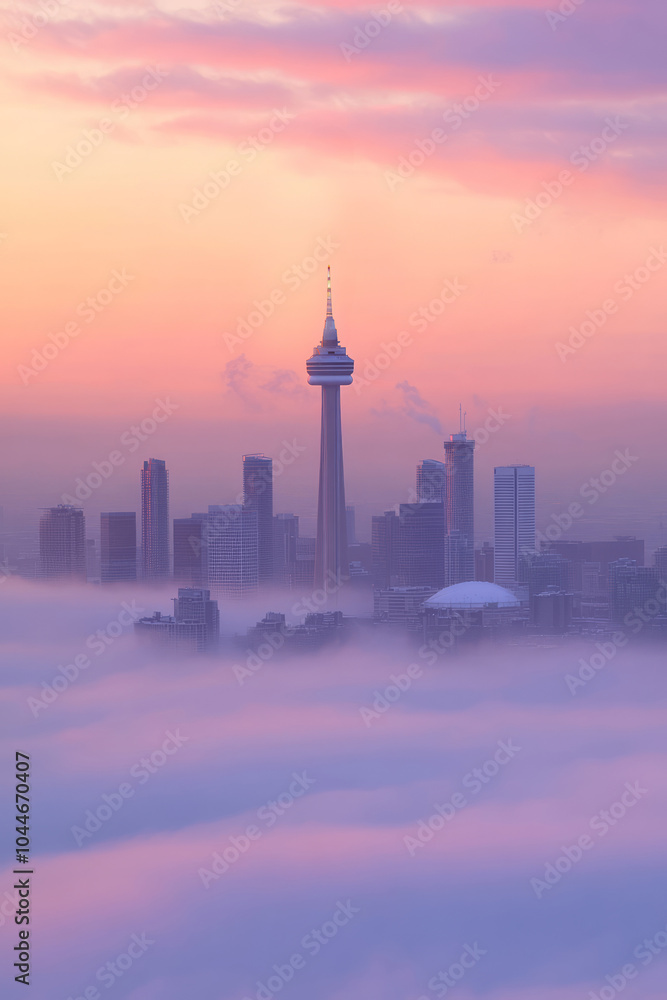 Obraz premium As dawn breaks, the Toronto skyline emerges from a thick fog, with pastel colors painting the sky and the iconic tower standing tall above the mist