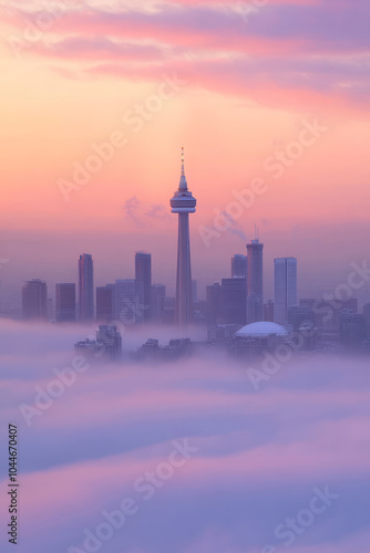 As dawn breaks, the Toronto skyline emerges from a thick fog, with pastel colors painting the sky and the iconic tower standing tall above the mist