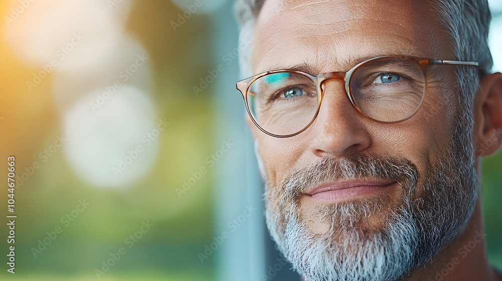 A cheerful and content man in glasses embracing the soft warm glow of the indoor sunlight streaming through the window exuding a sense of relaxation and tranquility A cheerful and content man in glasses embracing the soft warm glow of the indoor sunlight streaming through the window exuding a sense of relaxation and tranquility