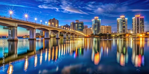 Symmetrical Sarasota Florida skyline and bridge at night
