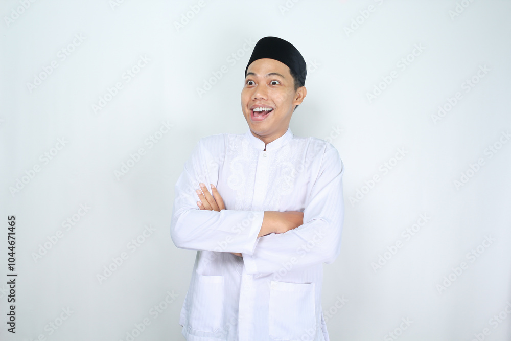 surprised muslim man asian looking away with cross hand isolated on white background surprised muslim man asian looking away with cross hand isolated on white background