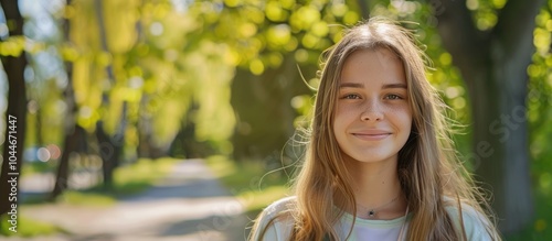 Portrait Of A Pretty Young Girl With Long Hair With A Smile On The Background Of Road Trees In The Park Photo In Sunny Weather Outdoors In Spring